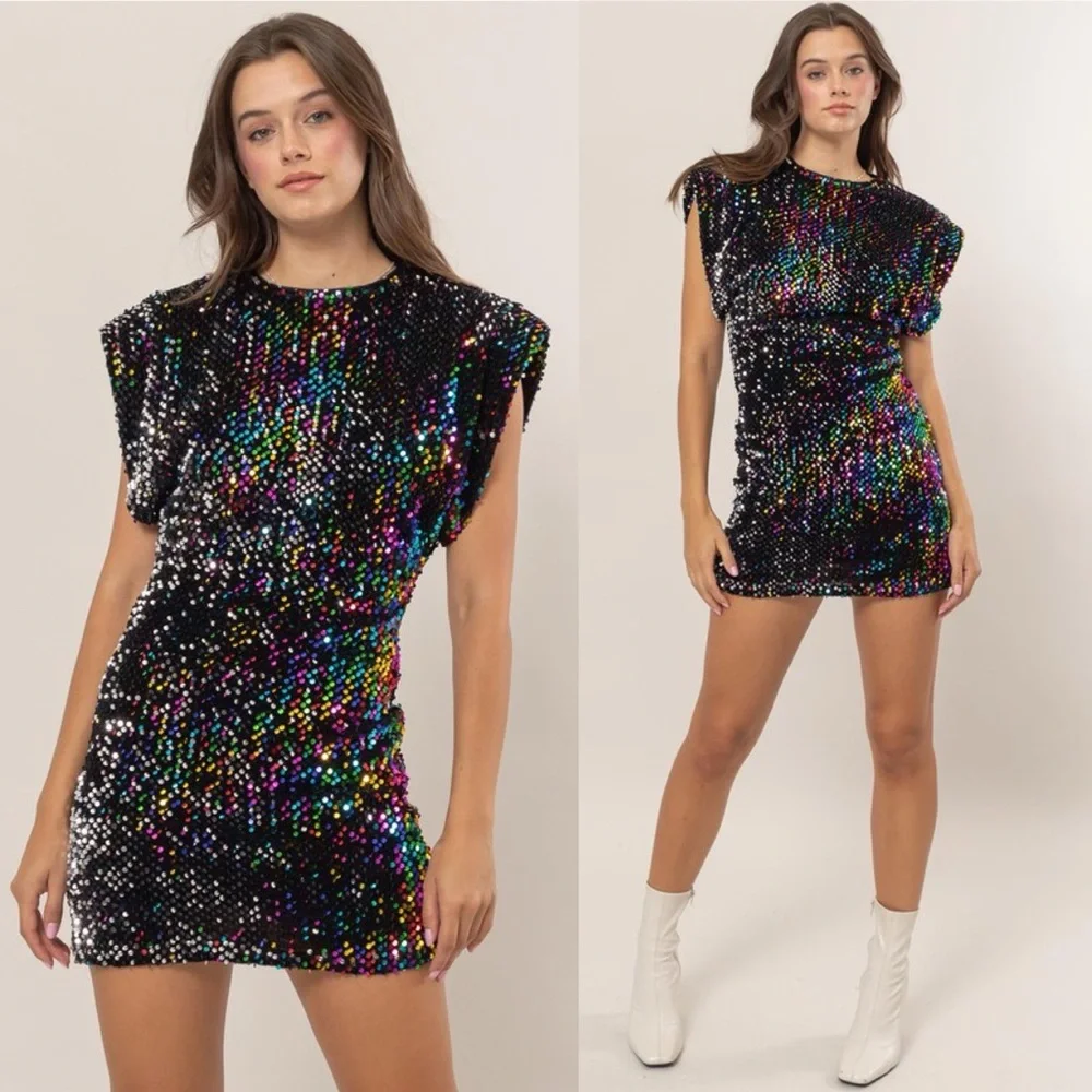*BLACK FRIDAY SALE* Sparkle The Night Away Multicolor Sequin Velvet Mini Dress - Picture 1 of 5